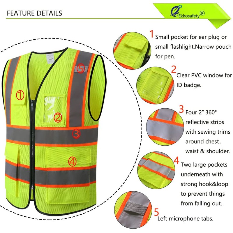 Ekkosafety Reflective Mesh Safety Vest for Men Women with 5