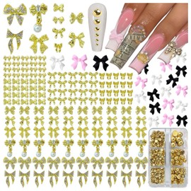 Gehaiwo 290PCS Gold Bow Nail Charms 1Box Gold Nail Pearls，Nail Art Rhinestones Gold Alloy Nail Accessories for Acrylic Nails，White Black Bow Nail Jewels for Nail Art Supplies DIY Nail Craft