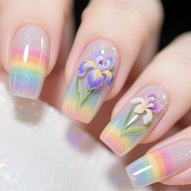 Floral Press on Nails Medium Square Fake Nails with Colorful Flower Rainbow Designs 24 Pcs Natural Reusable Acrylic Nail Full Cover Stick on Nail for Women No Glue WYFHDT
