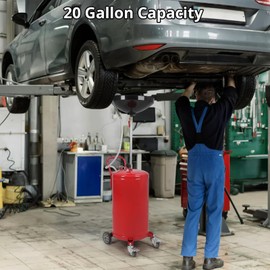 Waste Oil Drain Tank, 20 Gallon Portable Drain Container, Height Adjustable Portable Pneumatic Drain Handling, Heavy Duty Construction with Wheels - Red