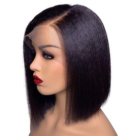 12 Inch Yaki Straight Human Hair Bob Wig with Baby Hair Pre plucked Frontal 130% Density Kinky Straight Lace Front Wigs for Black Women Undetectable HD Transparent Lace