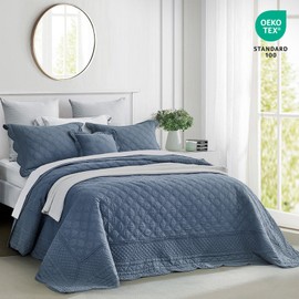 CHIXIN Oversized Cotton Bedspread Queen Size - Real Stitching - Luxury Quilted Bedding Cover for All Season, Reversible, Ultra Soft, Lightweight, 3 Piece, Smokey Blue