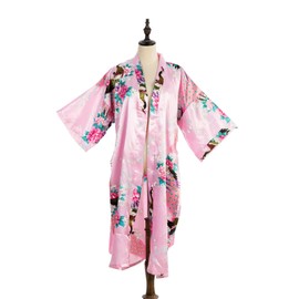 Asian Home Flower Peacock Satin Silk Kimono Robe, Dressing Gown, Bridal, Gift (Pink)