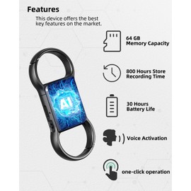 64GB Keychain Voice Recorder,Audio Recording Device with Triple Noise Reduction,Voice Activated Recorder with 800 Hours Capacity,HD Recorder Device with Playback for Lectures,Meetings,Interviews