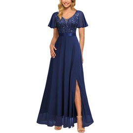 MIUSOL Women's Elegant Double V-Neck Sequin Embroidered Prom Bridesmaids Party Gown Formal Maxi Dress (XX-Large, Navy Blue)