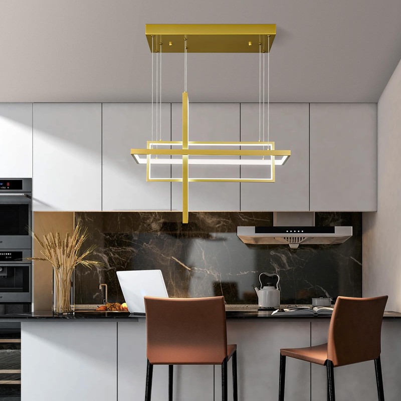 FDPBY Modern LED Chandelier 3 Rings Rectangle Gold Pendant Light