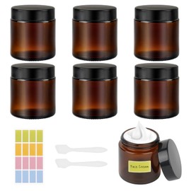 100ml Amber Glass Jars, 6 Pack Empty Cosmetic Jars with Lids,Travel Pots with Spatula and Labels for Toiletries, Cosmetics,Powder,Lotion,Creams