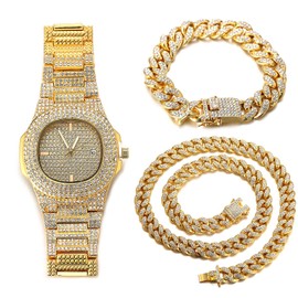 Halukakah Diamond Gold-Plated Watch, Men's 18 Carat Real Gold Plated/Platinum White Gold Plated Quartz Bracelet 24 cm, with Cuban Chain 20 cm Bracelet + 45 cm Necklace, Laboratory Diamonds, Free Gift