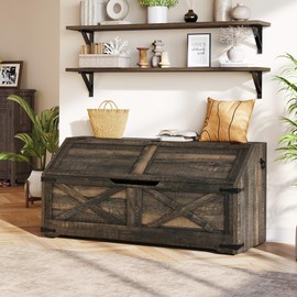 DWVO Storage Chest, Farmhouse Storage Bench with 4 Wheels, 39.4" Wood Storage Trunk with Safety Hinge, Sloped Design, Storage Organizer for Living Room, Bedroom, Entryway, Dark Rustic Oak