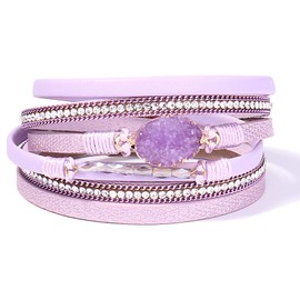 Leather Wrap Bracelet Boho Cuff Bracelets Crystal Bead Bracelet with Clasp Jewelry Gifts for Women(14.7", Amethyst)