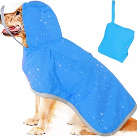 Olsdeeool Adjustable Waterproof Dog Raincoat with Reflective Strip, Lightweight Hooded Pet Rain Jacket with Portable Storage Pocket and Leash Hole (Blue,L)