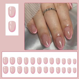 24Pcs Pink French Tip Press on Nails Short Almond Fake Nails Glitter French Nails Tip Acrylic Nails Oval Shape False Nails Full Cover Nude Pink Glue on Nails Reusable Glossy Stick on Nails for Women