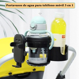 IREH Portavasos para Carriola ，Portavasos para Carriola con Soporte para Teléfono, 3en1 Porta Biberones para Carriola,para Carriola, Bicicleta, Caminante (Negro Amarillo)