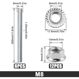 TXXATX M8 Threaded Rod and Nuts Set of 6 Threaded Rod M8 x 300 mm 12 Pieces M8 Hex Nut Full Thread Threaded Rods Galvanised Grub Screws for Furniture Construction Construction Fixing Connections
