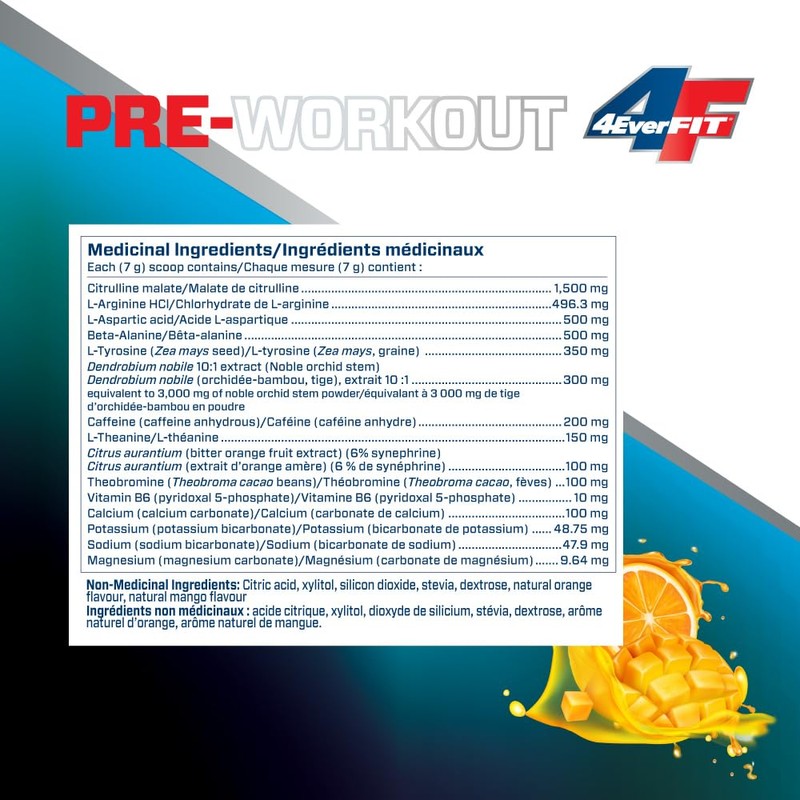 4EverFit Pre-Workout - All Natural, Creatine Free - Citrus Mango