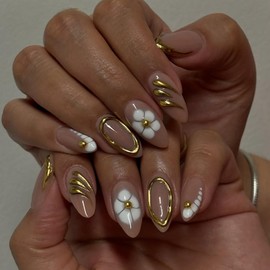 Medium Almond Press on Nails Gold French Tip Fake Nails White Flower Press ons Luxury Stiletto Glue on Nails 3D Gilded Lines Pearls Design Acrylic Glossy False Nails for Women Girls 24Pcs