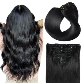 SUYYA Clip in Hair Extensions Real Human Hair 7 Pcs Human Hair Clip in Extensions Straight Remy Human Hair Extensions Clip ins for Women Double Weft 16 Inch #1 Jet Black 70G