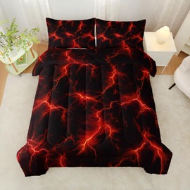 QOOMO Red Lightning Comforter Set Queen Size,Modern Neon Glowing Comforter Set for Kids Boys Girls Teens Home Decor,Soft Microfiber Bedding Sets,1 Comforter Set 2 Pillowcases