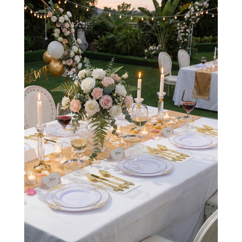 Morejoy 350PCS White and Gold Plastic Plates - Gold Plastic