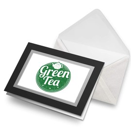 Greeting Cards Black (Insert) - Green Tea Healthy Organic Tea Cup Blank Greetings Card Birthday Kids Party Boys Girls #5171