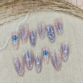 French tip Press on Nails Medium Almond False Nails with Star Embossed Pattern Rhinestones Gradient Design Acrylic Full Cover False Nails Summer Reusable Women Nail Decoration 24Pcs