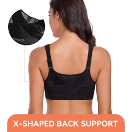 Lemorosy Women's Full Coverage Plus Size Front Closure Posture Back Non-Padded Wireless Support Minimizer Bra (38G, Black)