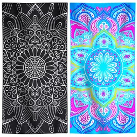 2 Packs Microfiber Lightweight Thin Beach Towel Compact Quick Dry Sandproof Clearance Towels Sand Free Camping Swim Pool Travel Essentials Accessories Vacation Women Men Adults Black Bohe Blue Bohe