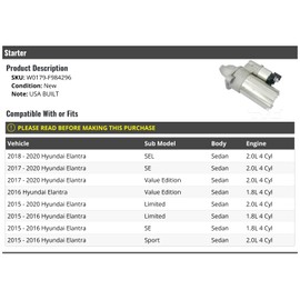 Starter Motor - Compatible with 2015-2020 Hyundai Elantra Sedan