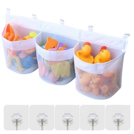 YWKJDDM Bath Toy Storage Organizer, Large Hanging Storage Holder with 3 Compartment 60cm Quick Drying Tidy Mesh Bag with 5 Sticky Hooks