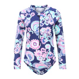 Big Girls One Piece Bathing Suits Long Sleeve Zipper Swimsuits UPF 50+/Sun Protection Rash Guard Size 12/10-12