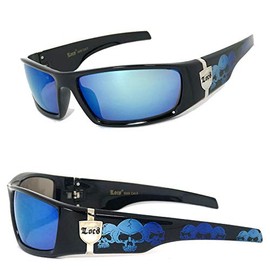 Locs Men Dark Lens Gangster Black OG Sunglasses Biker Skull Pattern ON The ARMS (Black, Blue Smoke Mirror)