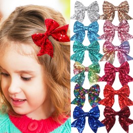 Xansema 2Pcs 3 Inch Sequins Hair Bows for Girls, Sparkling Bows Alligator Hair Clip Hair Barrettes Accessories for Women Teens Girls Kids (Pink)