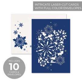 Canopy Street Masterpiece Blue Snowflake Laser Cut Cards / 10 Christmas Cards With Coordinating Envelopes / 5" x 7" Boxed Winter Holiday Snow Greeting Cards With Inside Verse