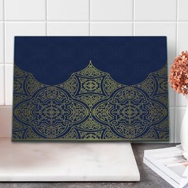 Lunarable Navy Blue and Yellow Cutting Board, Exotic Orient Style Ornament Ottoman Culture Inspired Pattern, Decorative Tempered Glass Cutting and Serving Board, Large Size, Indigo and Yellow