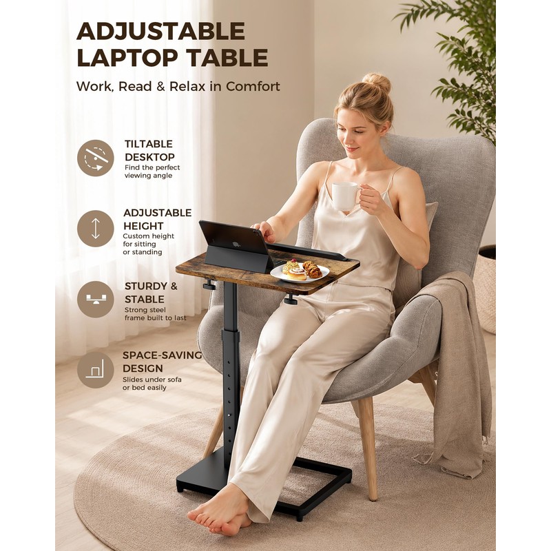 Porvoo C-Shaped Side Table, Height Adjustable Swivel TV Tray Table