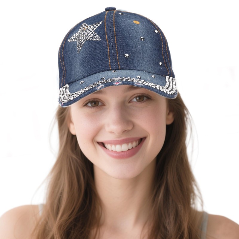 Bling Baseball Cap for Women Bejeweled Distressed Denim and Diamonds