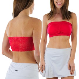 ToBeInStyle - Brasier de tubo tipo bandeau para mujer, tamaño regular y grande, con almohadillas para orejas extraíbles, Parte trasera de encaje individual: rojo, Talla única