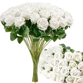 Auihiay 54PCS White Roses Artificial Flower, Fake Silk Roses, Artificial Roses Bulk for Wedding Decorations Table Centerpieces, Mother's Day Valentine's Day Home Decor