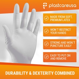 PlastCare USA 100 Extra Large Latex Exam Gloves White - Powder-Free, Disposable, Non-Sterile, Textured Grip for Enhanced Sensitivity and Control
