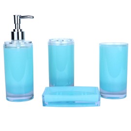 Bathroom Accessories Thick Acrylic Plastic Cup, Toothbrush Holder, soap Dispenser, soap Plate, Four Piece Set of Bathroom Supplies, Cylindrical Type Simple Style (Cyan)