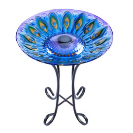MUMTOP Outdoor Glass Birdbath Solar Birdbaths with Metal Stand for Lawn Yard Garden Peacock Decor,18” Dia 21.65 Height