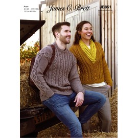 James Brett Aran Knitting Pattern Cable Knit Ladies Cardigan & Mens Sweater (JB851)
