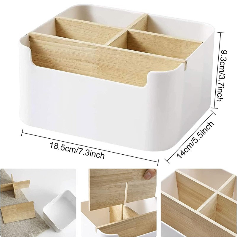 Bamboo Table Organiser Desktop, Desk Organiser, 5 Compartments Wooden Desktop