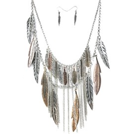 Western Peak Bohemian Tritone Tassels Metal Feathers Necklace with Earrings (Tritone)