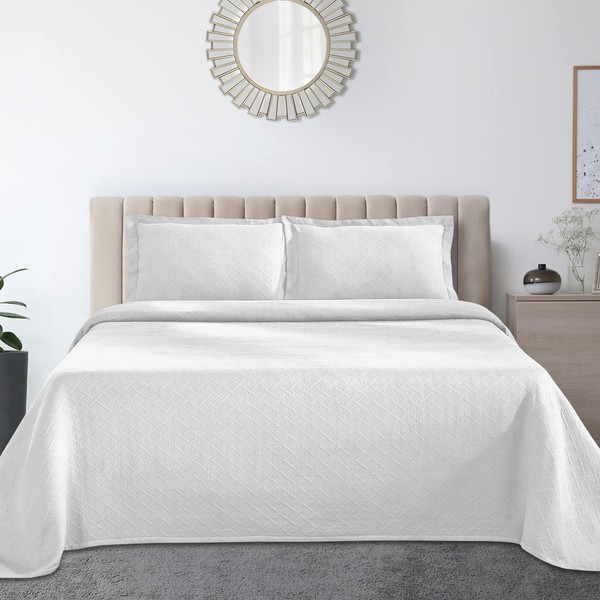 SUPERIOR Jacquard Matelasse 100% Cotton Basketweave 3-Piece Bedspread Set - King, White