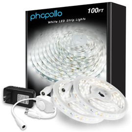phopollo White LED Strip Lights, 100ft (2 Rolls of 50ft) Dimmable 6500k Daylight White Led Light Strip, 1800 LEDs Flexible Led Lights for Bedroom, Mirror, Kitchen Decoration