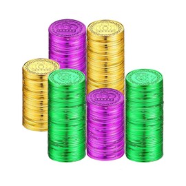 RmKbe 100pcs Mardi Gras Plastic Coins Mardi Gras Table Decorations Gold Green Purple Coins Mardi Gras Themed Party Favors for Mardi Gras Parade