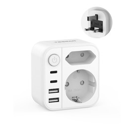 TESSAN Adapter England Germany Plug with 1 Switch, England Socket Adapter with 2 USB C and 2 USB A, Travel Adapter UK for Germany to UK, Ireland, London, Scotland (Type G)