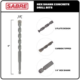 Sabre Tools 3/8 Inch x 6 Inch Masonry Drill Bit, Carbide Tipped 2-Pack for Concrete, Brick, Stone, 1/4” Hex Shank, Impact Performance (3/8" x 6", 2)