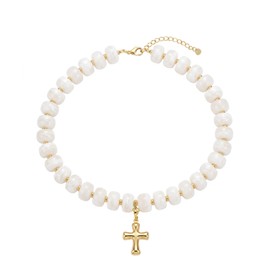 Frigotine Chunky Cross Necklace for Women, White Beaded Boho Summer Statement Fashion Jewelry, Unique Resin Design, Versatile Accessory Gift, Lightweight Comfortable Wear